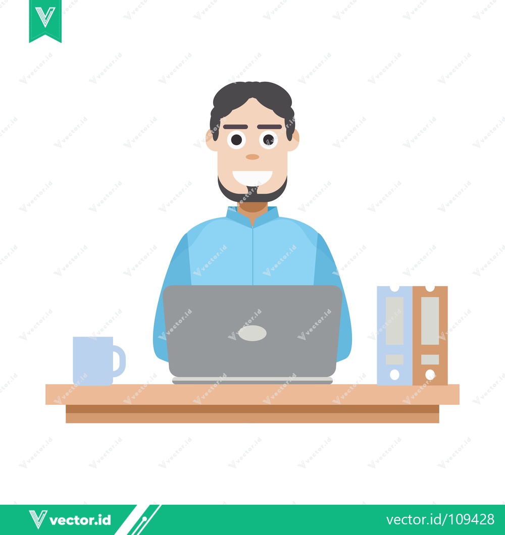 Premium Vector of Man working on laptop at desk with coffee and files