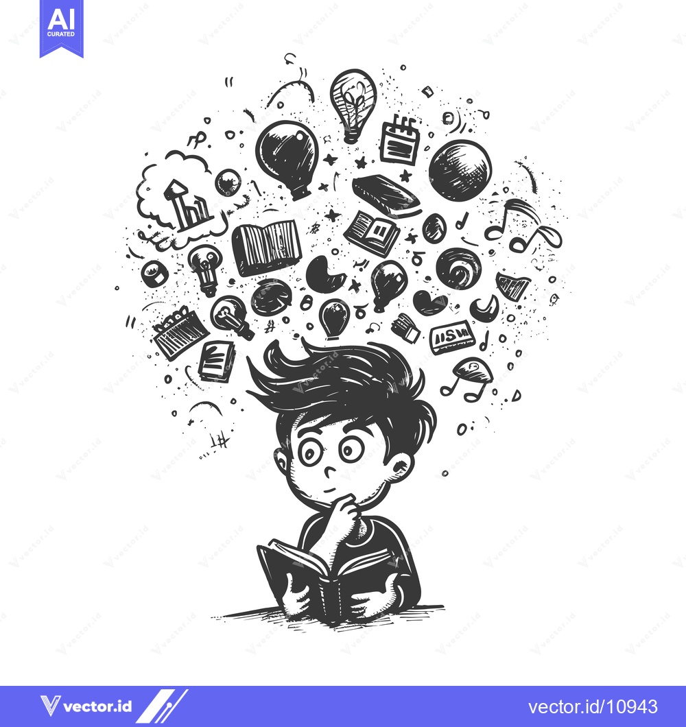 Premium Vector dari A boy with a book surrounded by doodles representing ideas and knowled