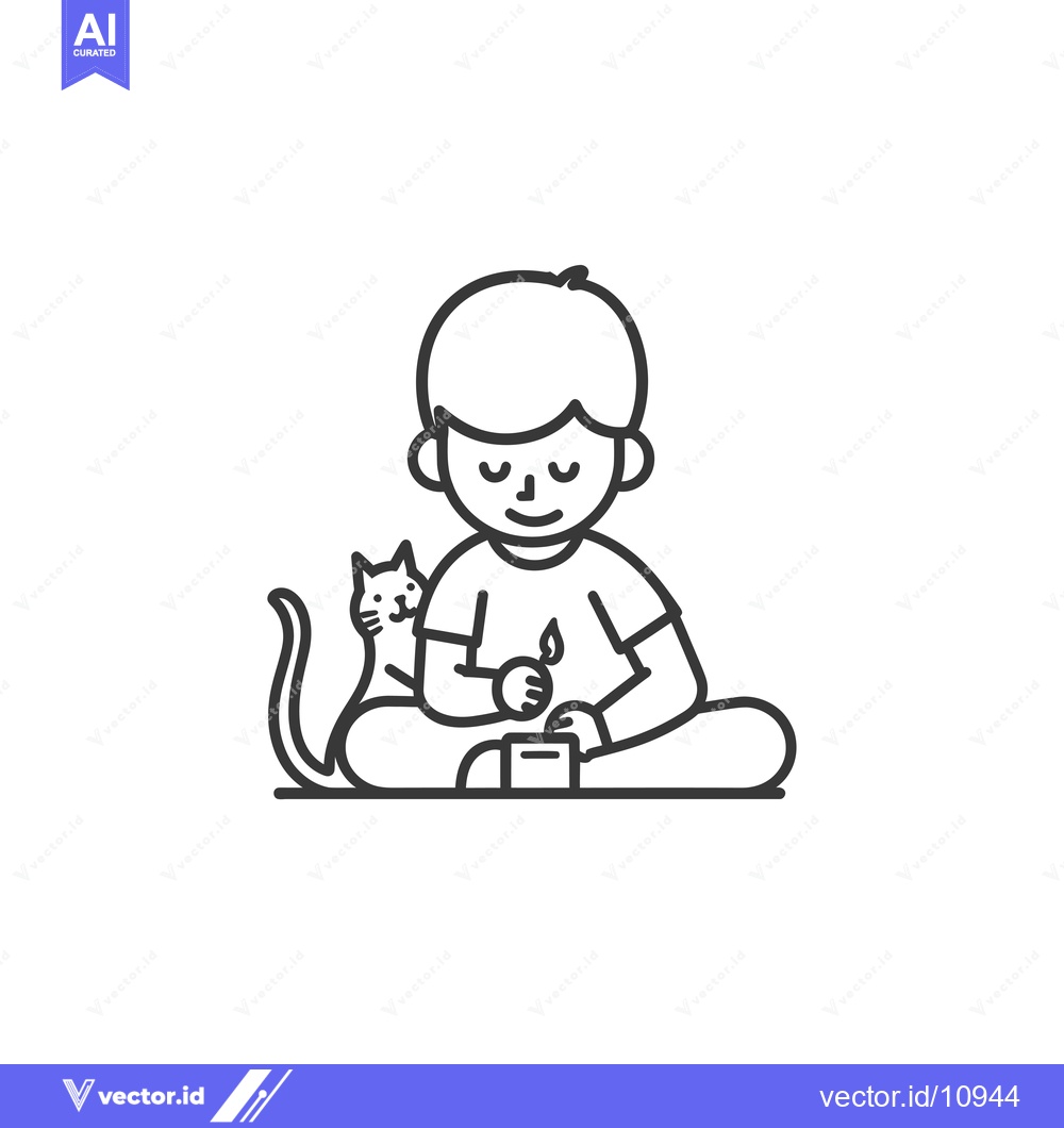 Premium Vector of A boy with a cat sitting cross-legged, holding a potted plant
