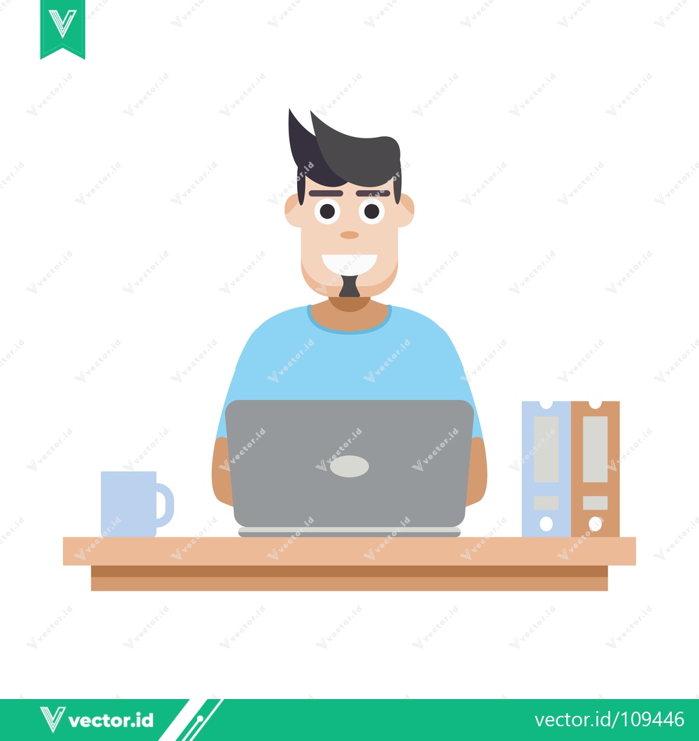 Premium Vector dari Man Working on Laptop at Desk with Coffee and Books