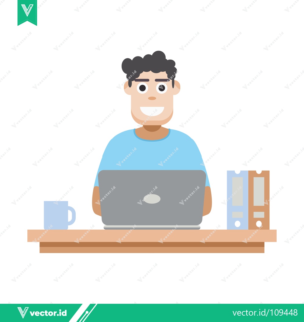 Premium Vector dari Man Working on Laptop at Desk with Coffee and Books