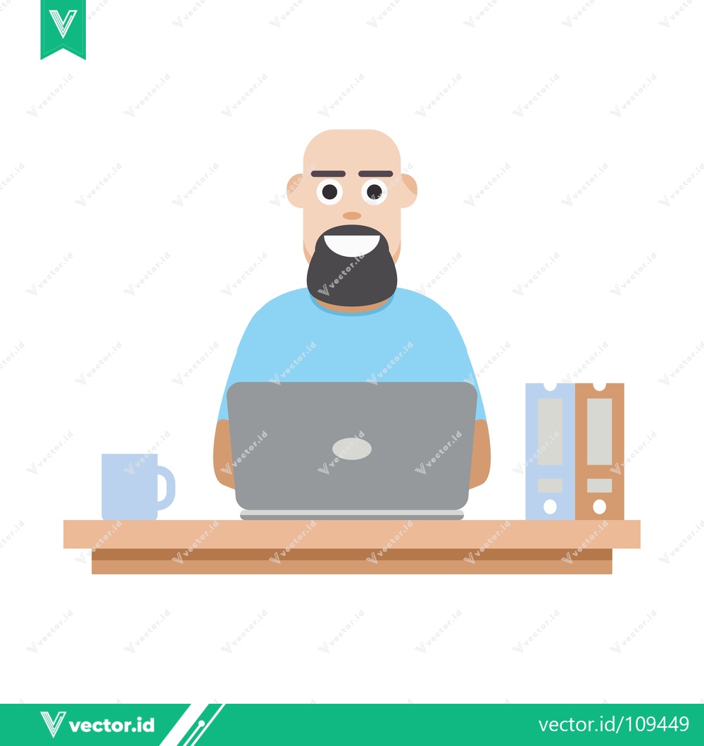 Premium Vector dari Bald Man with Beard Working on Laptop at Desk with Coffee and Files
