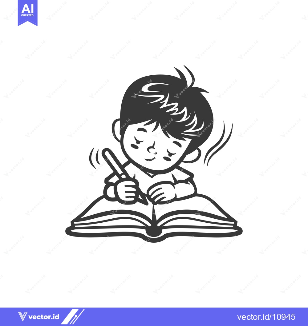 Premium Vector dari A boy with short hair is concentrated on writing in a book with a penc