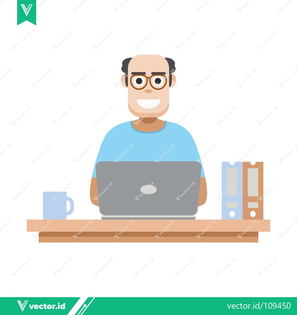 Premium Vector of Bald Man with Glasses Working on Laptop at Desk