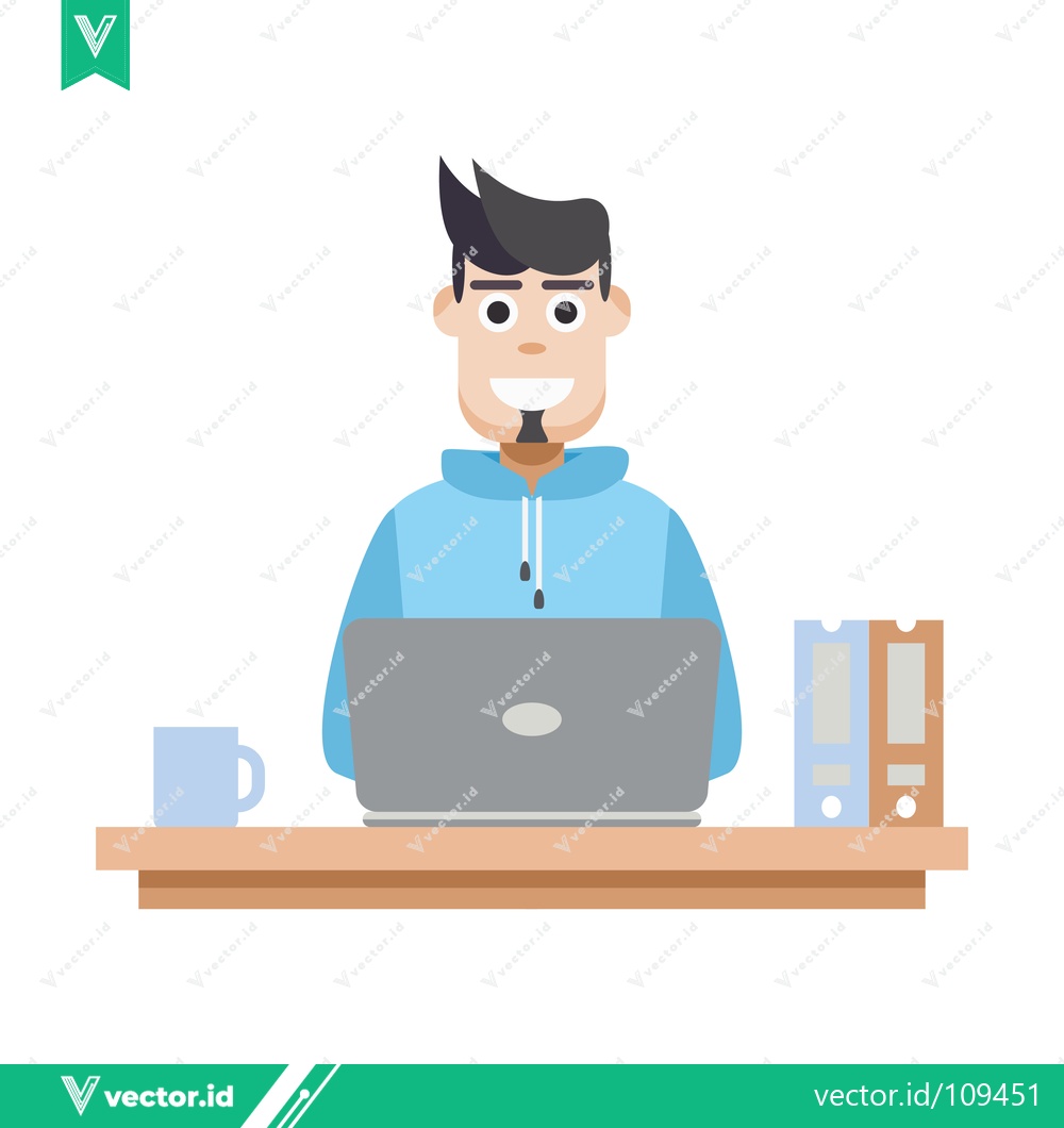 Premium Vector dari Young Man Working on Laptop at Desk with Coffee and Books