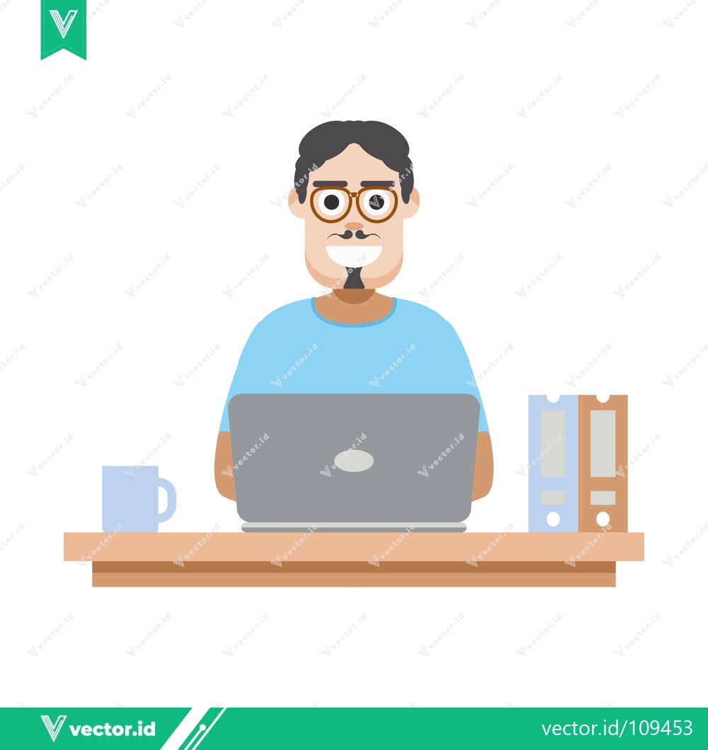 Premium Vector of Man Working on Laptop at Desk with Coffee and Books