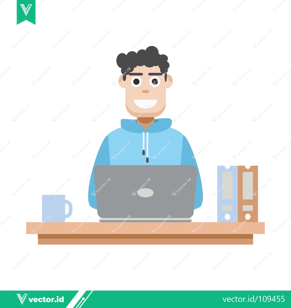 Premium Vector of Man Working on Laptop at Desk with Coffee and Books
