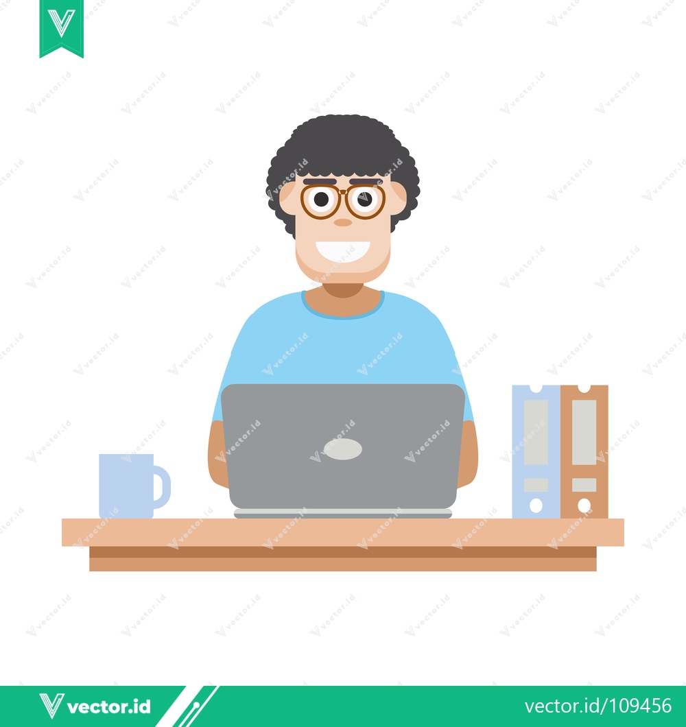 Premium Vector dari Man working on laptop at desk with coffee and files