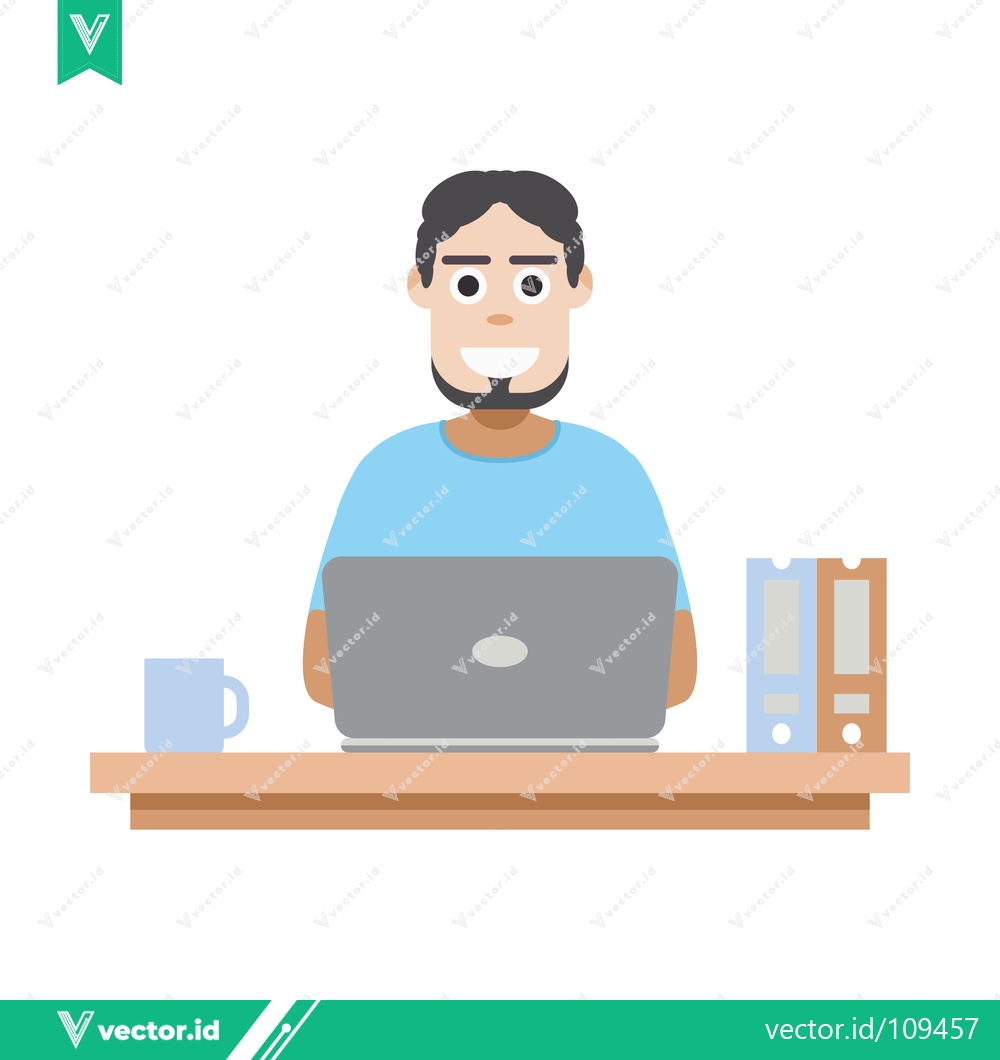 Premium Vector dari Man Working on Laptop at Desk with Books and Coffee