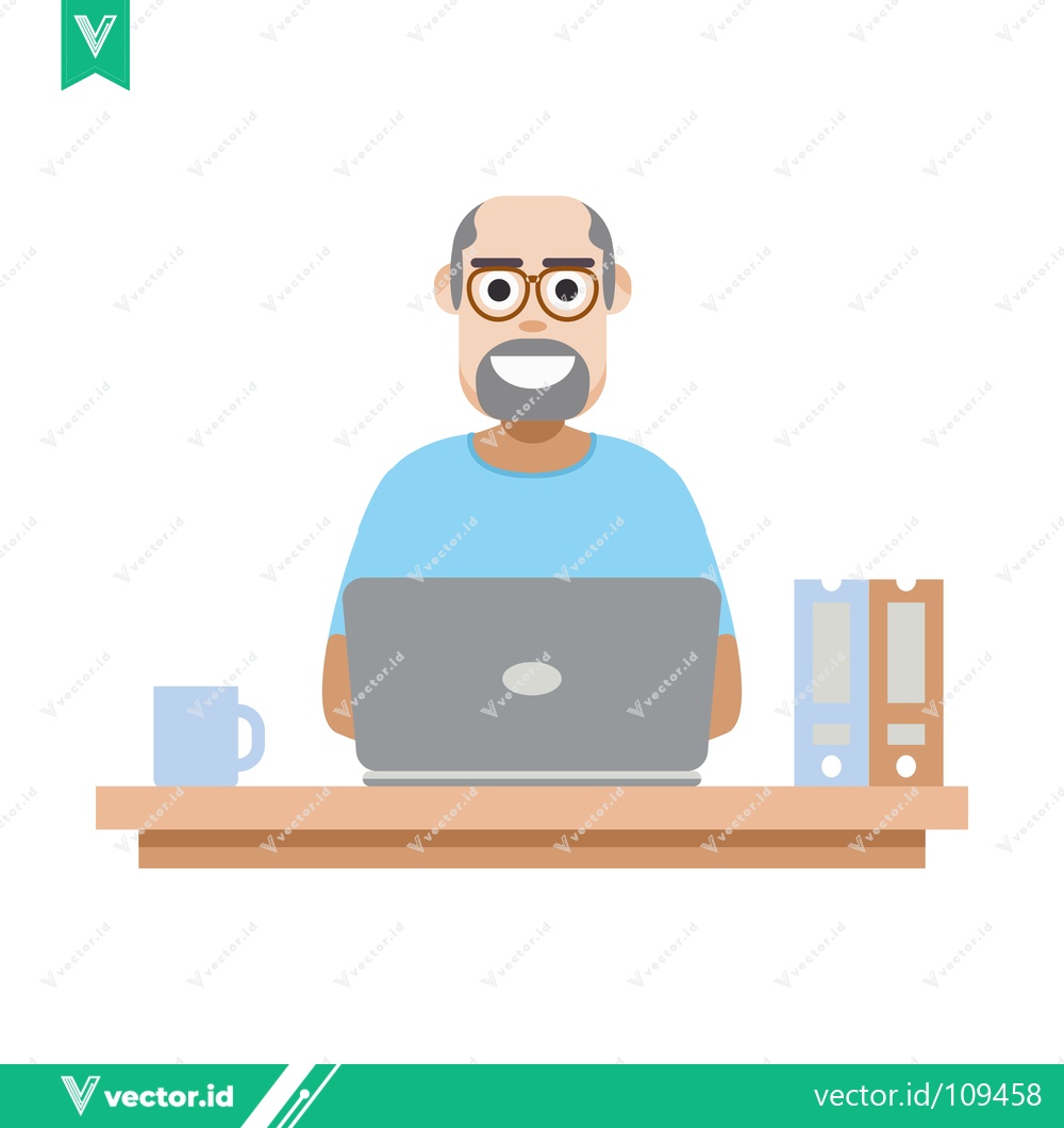 Premium Vector of Bald Man with Glasses Working on Laptop at Desk