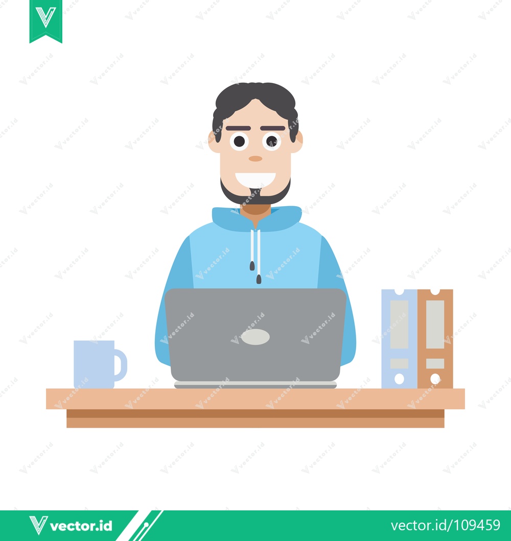 Premium Vector dari Man working on laptop at desk with coffee and files