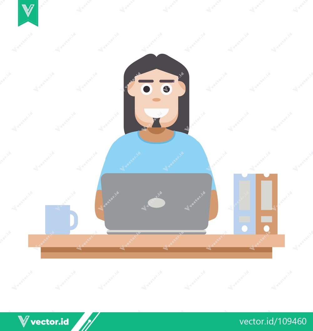 Premium Vector dari Man Working on Laptop at Desk with Coffee and Files