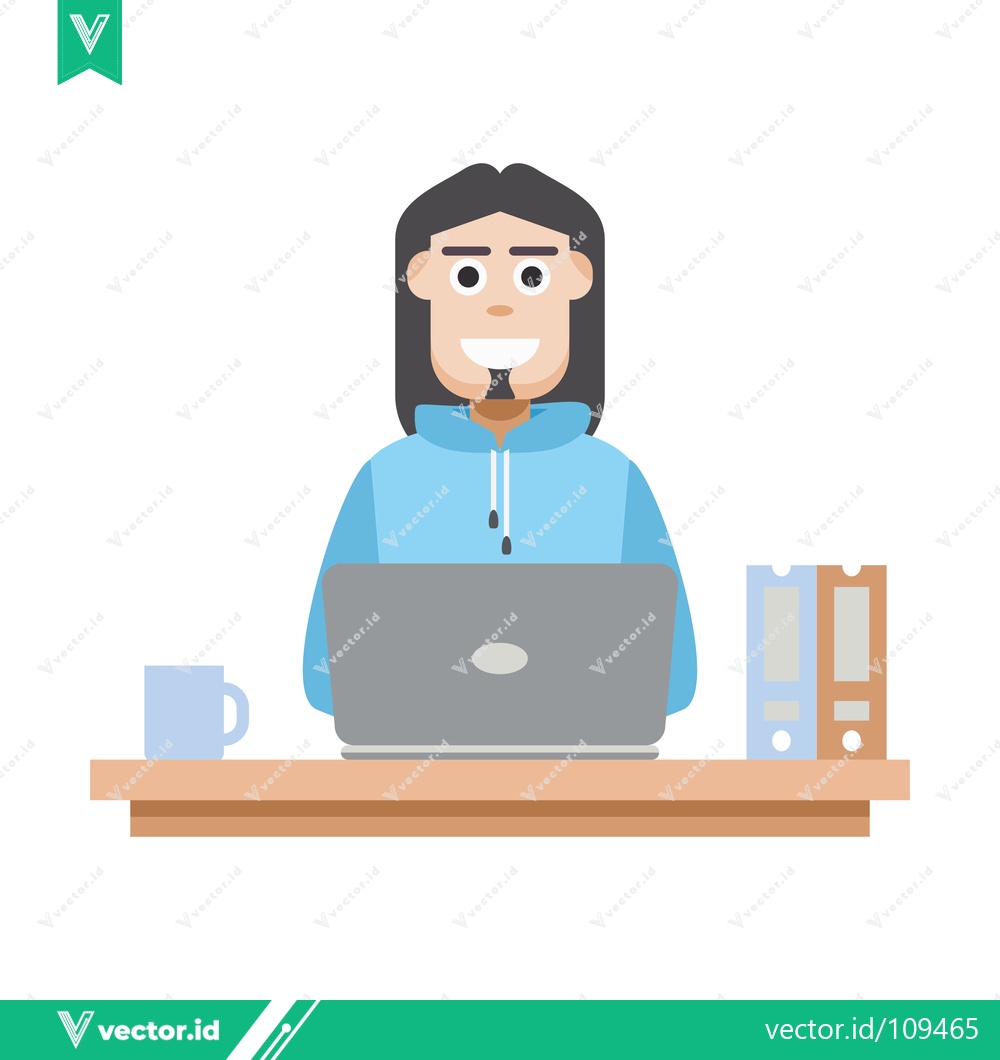 Premium Vector of Man Working on Laptop at Desk with Coffee and Files