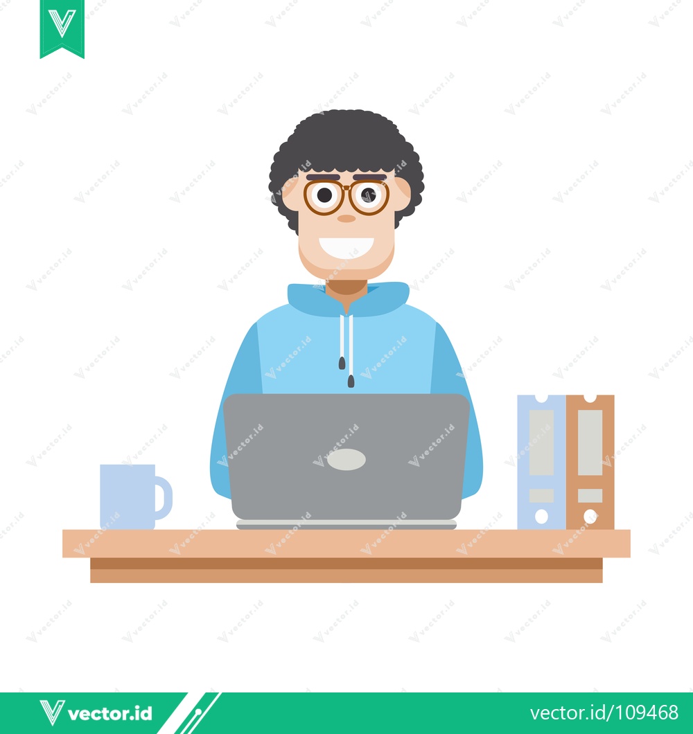 Premium Vector dari Young Man Working on Laptop at Desk with Coffee and Books