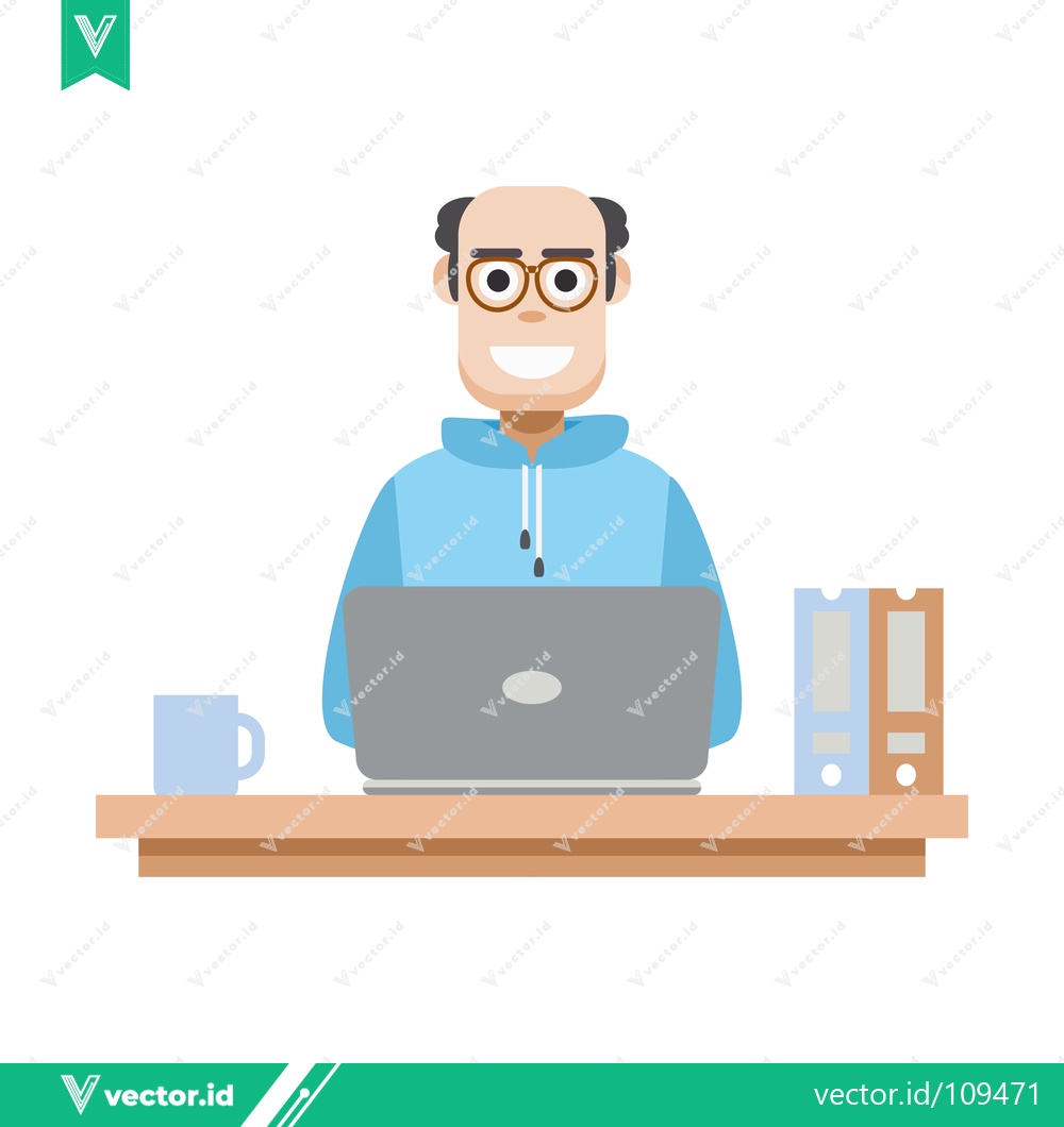 Premium Vector dari Bald Man Working on Laptop at Desk with Coffee and Files