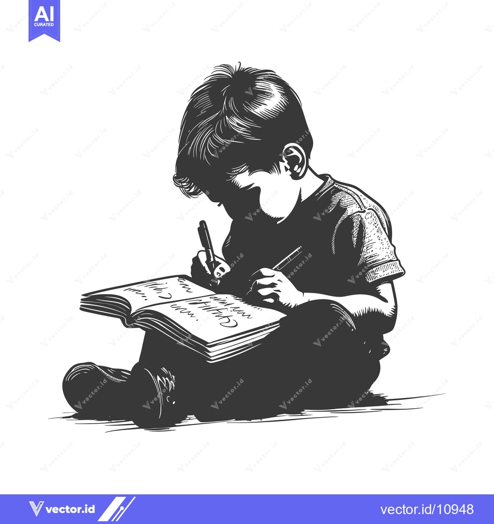 Premium Vector dari A Boy Writing in a Notebook with a Pen