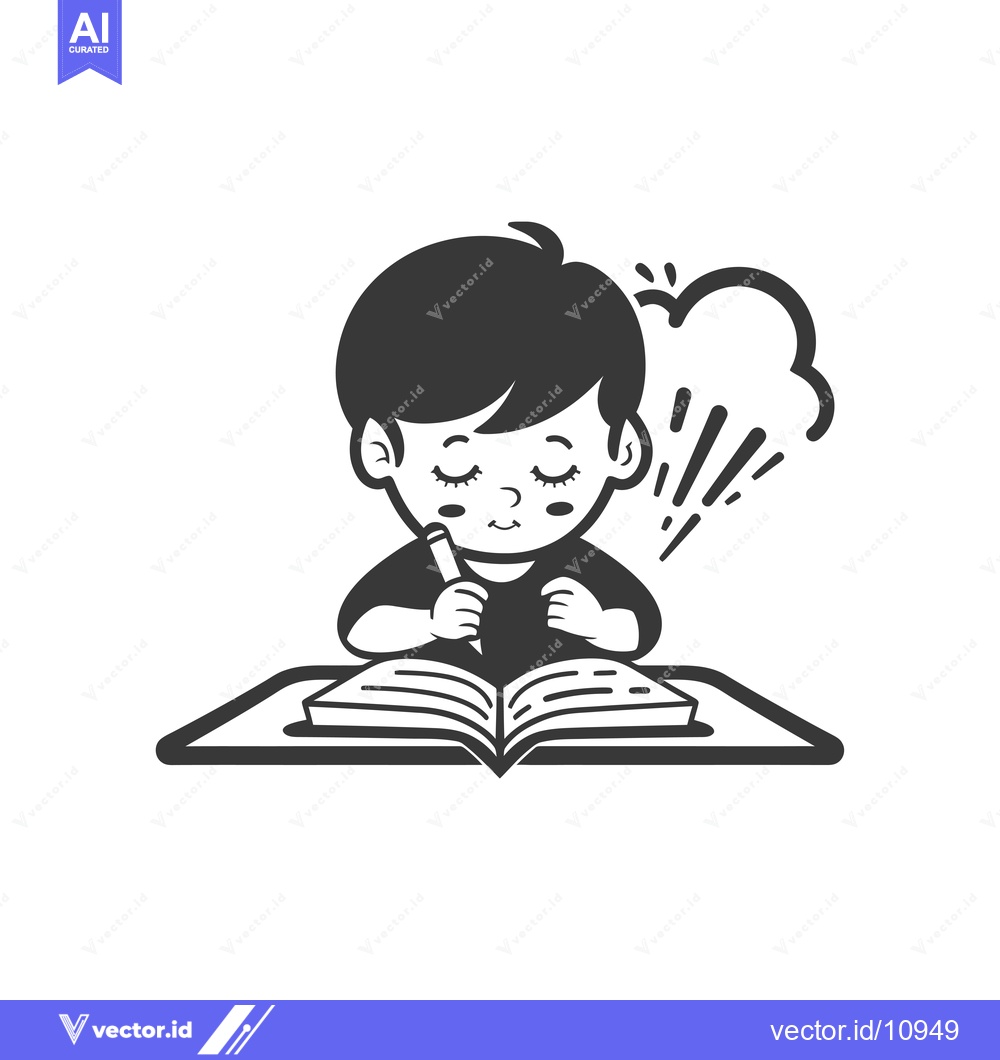 Premium Vector of A Boy Writing in a Notebook with a Pencil