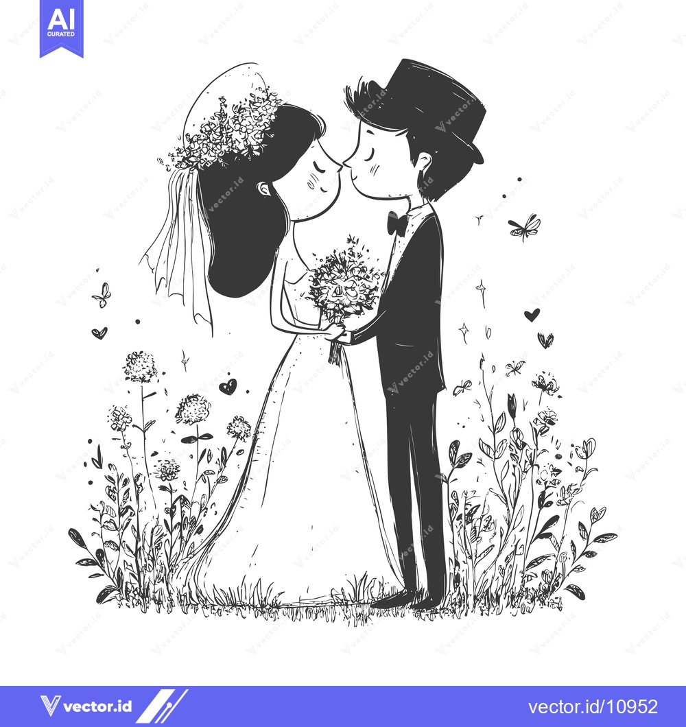 Premium Vector of A Bride and Groom Kissing in a Field of Flowers