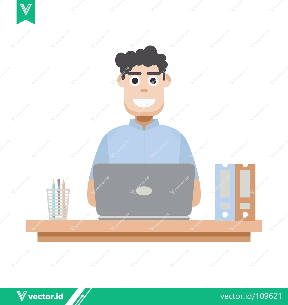 Premium Vector dari Man working on laptop at desk with office supplies