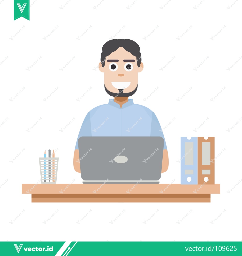 Premium Vector dari Man Working on Laptop at Desk with Files