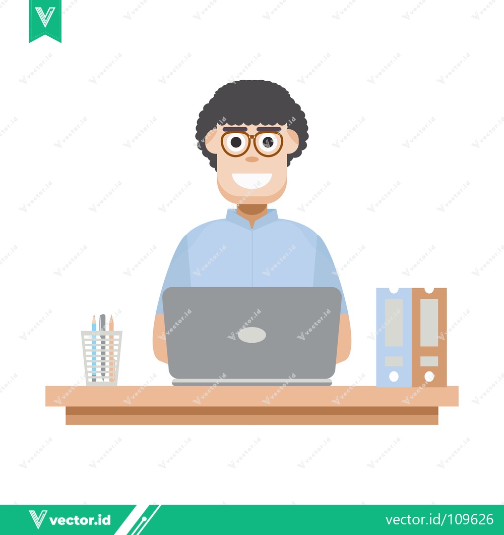 Premium Vector dari Man Working on Laptop at Desk with Office Supplies
