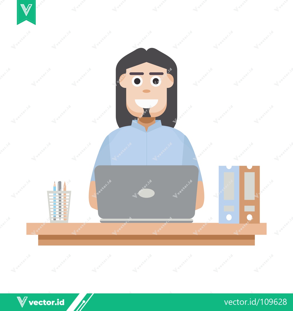 Premium Vector dari Man Working on Laptop at Desk with Office Supplies