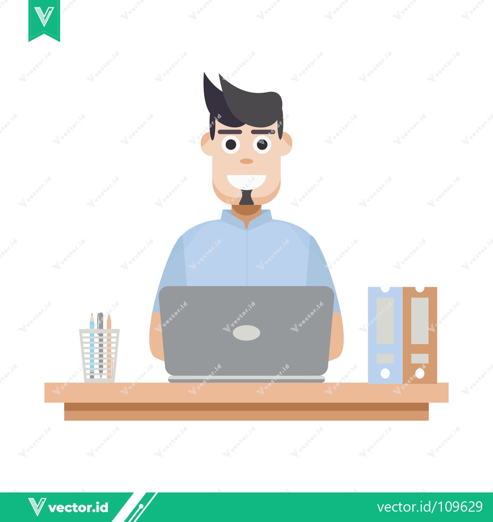 Premium Vector dari Man Working on Laptop at Desk with Office Supplies