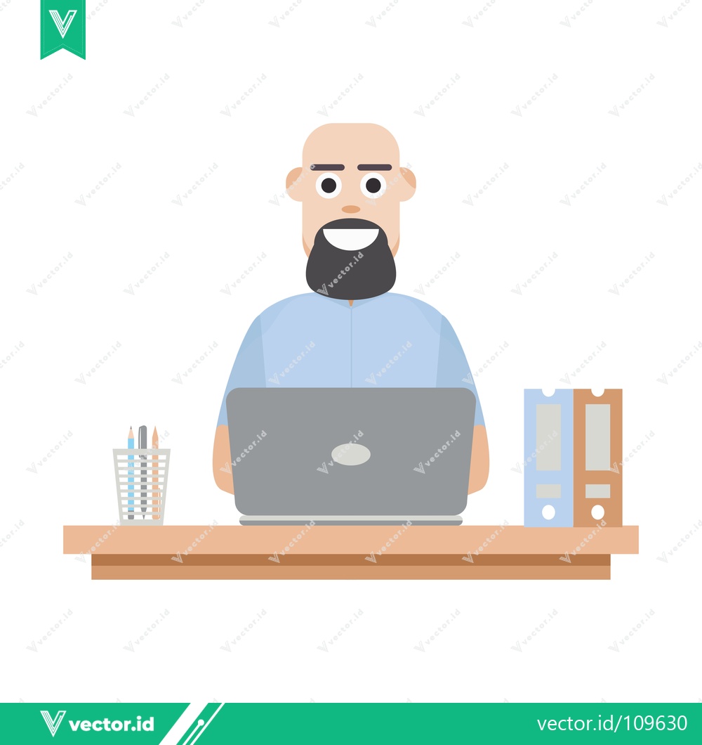 Premium Vector of Bald Man with Beard Working on Laptop at Desk