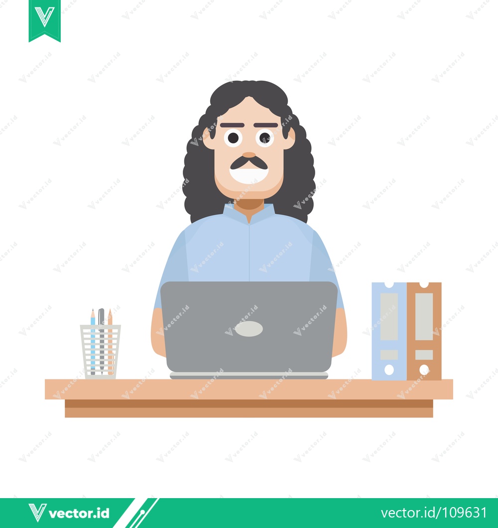 Premium Vector dari Man with mustache and long hair working on a laptop at a desk