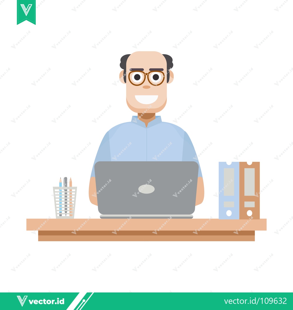 Premium Vector dari Bald Man Working on Laptop at Desk