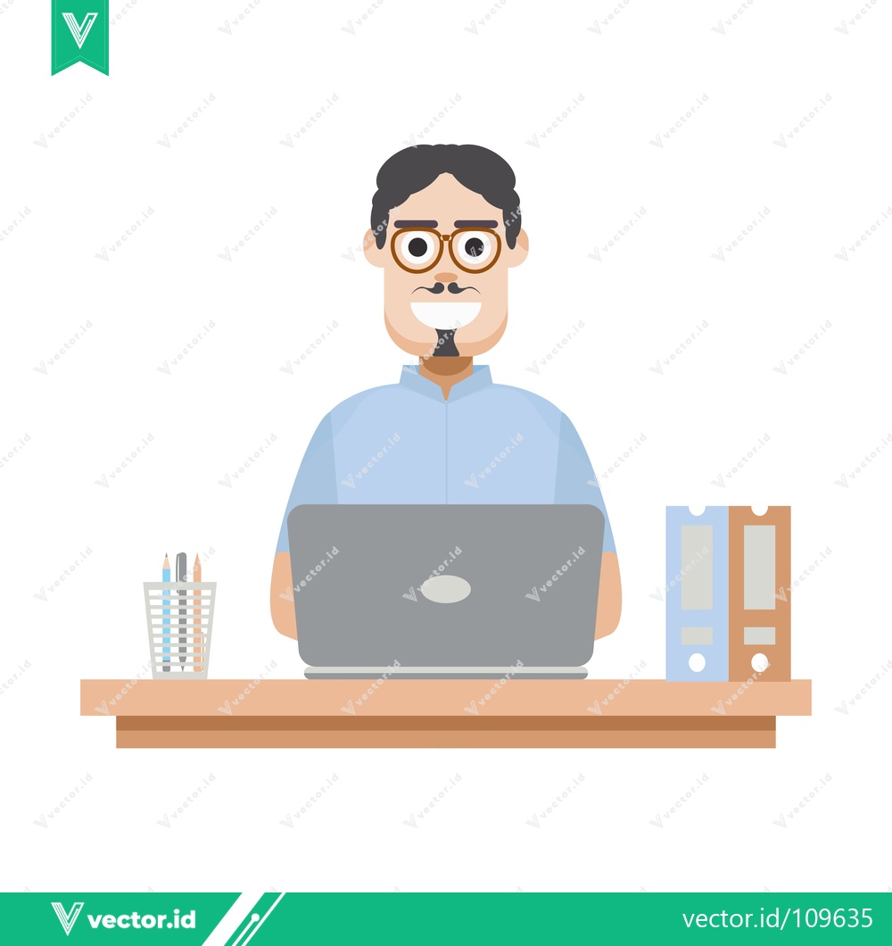 Premium Vector dari Man Working on Laptop at Desk with Office Supplies