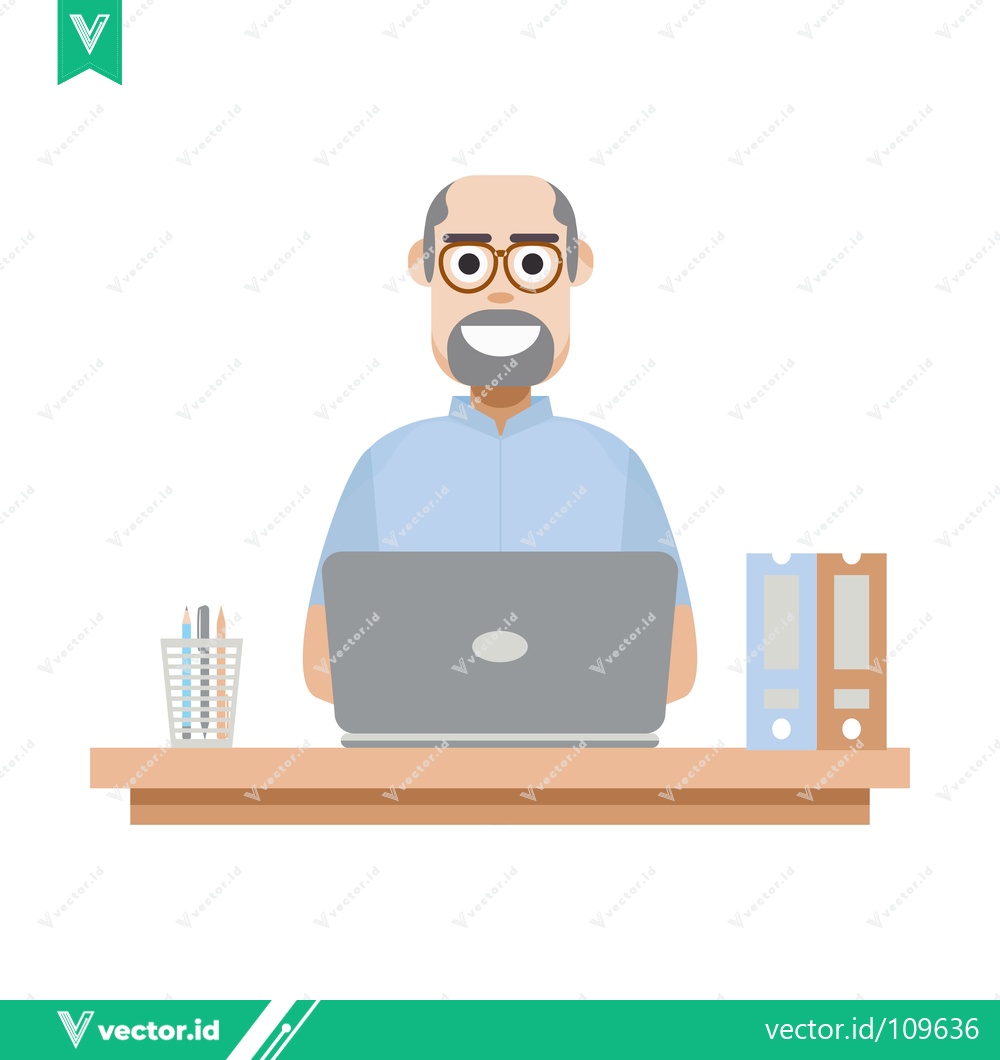Premium Vector dari Bald Man with Glasses Working on a Laptop at His Desk