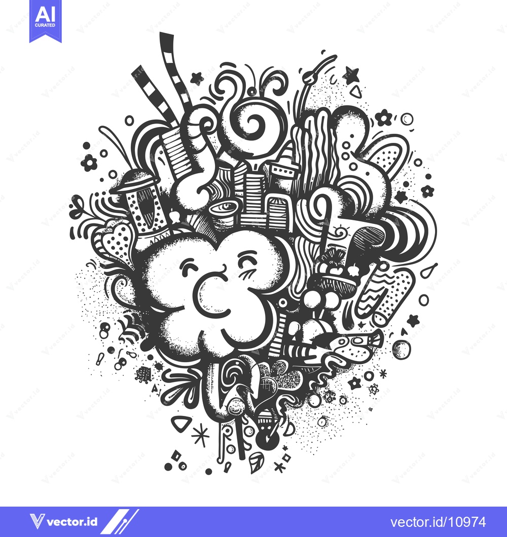 Premium Vector dari Abstract Black and White Doodle Artwork with a Smiling Cloud