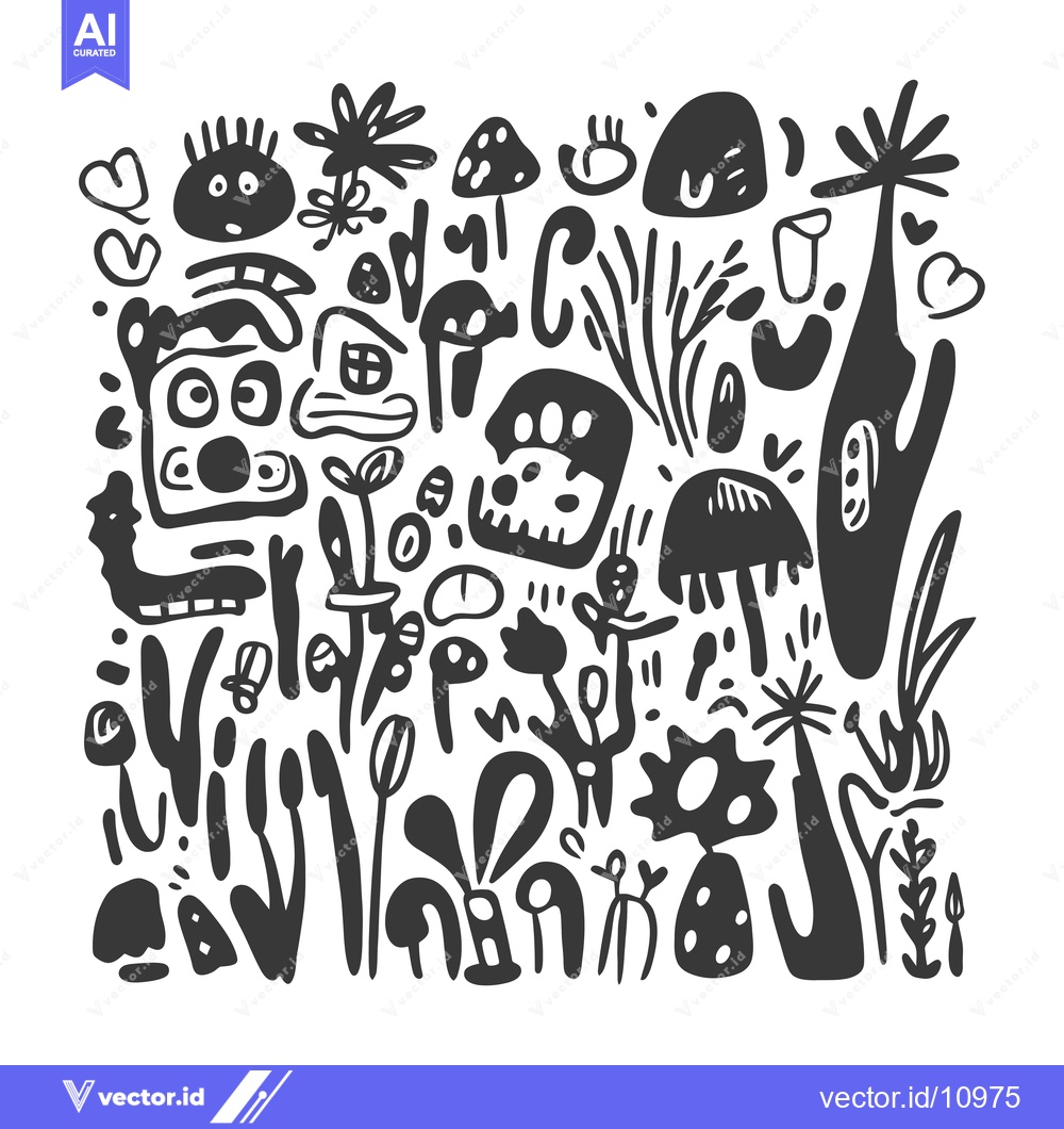 Premium Vector dari Abstract black and white doodle illustration of a whimsical forest wit