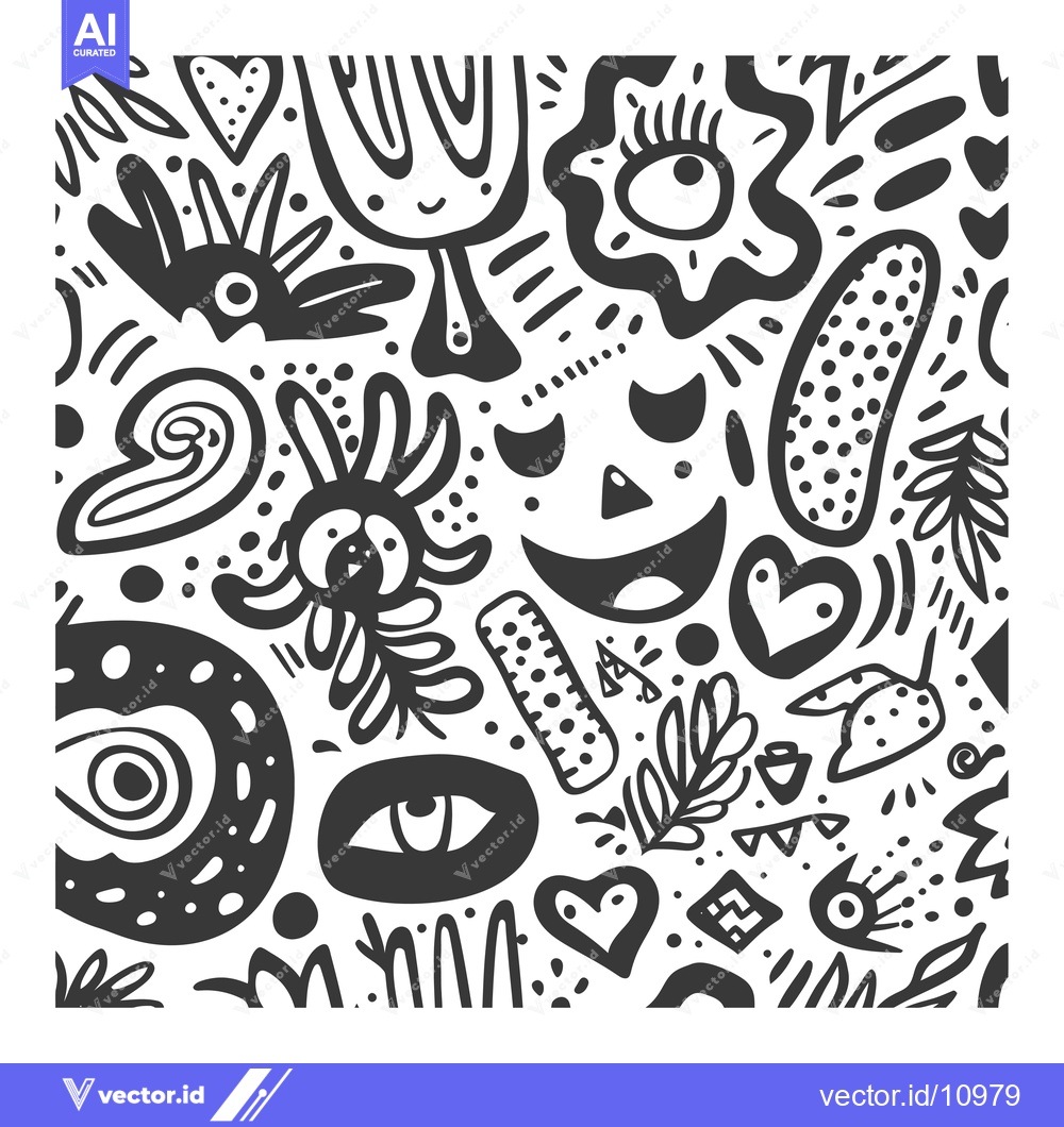 Premium Vector of Abstract Black and White Doodle Pattern with Eyes, Hearts, and Geometr