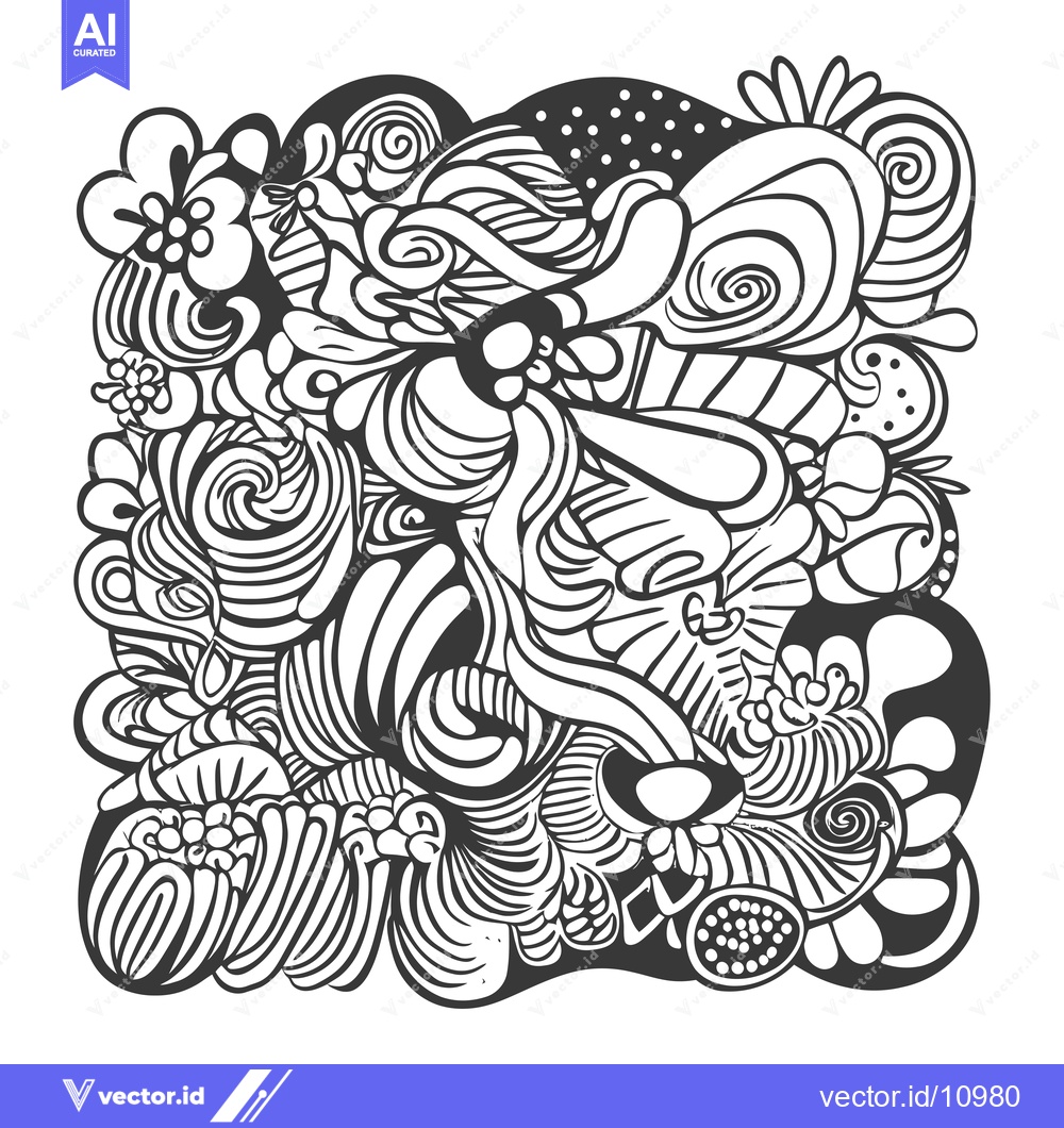 Premium Vector dari Abstract Black and White Doodle Pattern with Floral and Geometric Elem
