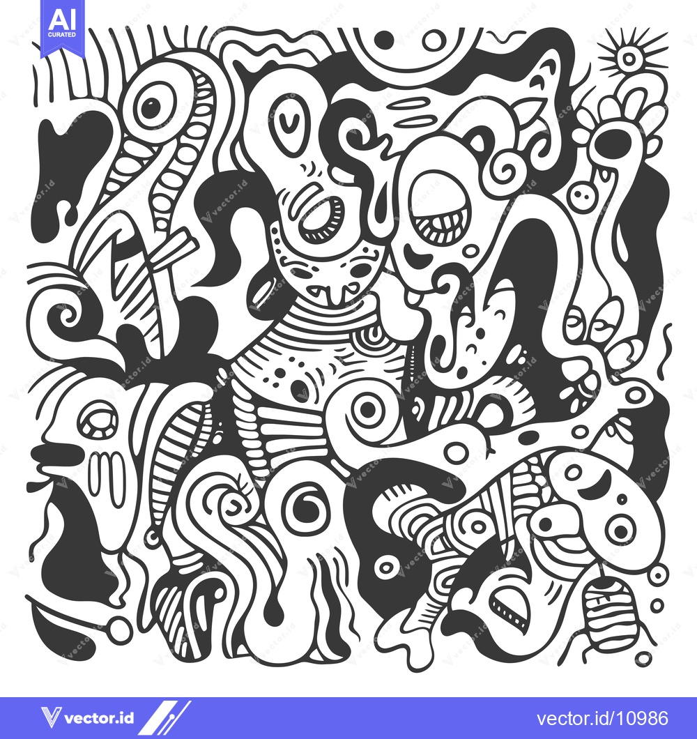 Premium Vector of Abstract Black and White Doodle with Faces and Patterns