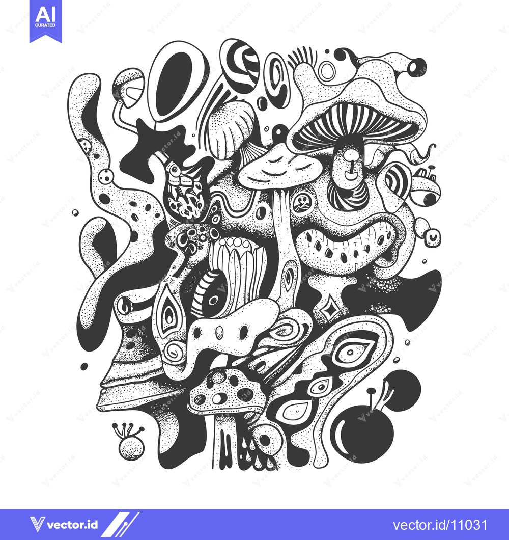 Premium Vector dari Abstract Black and White Illustration of Mushrooms, Eyes, and Organic