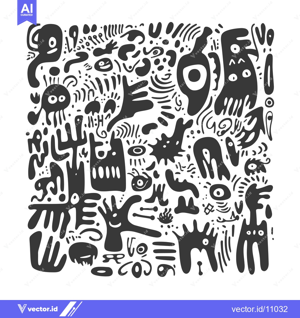 Premium Vector of Abstract Black and White Illustration with Various Shapes and Eyes