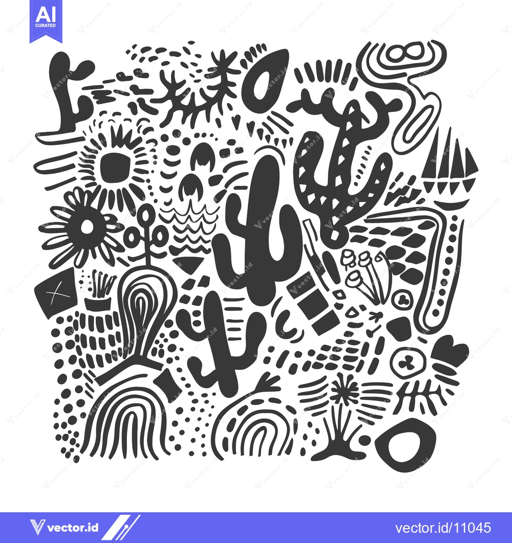 Premium Vector dari Abstract Black and White Pattern with Cactus and Geometric Shapes
