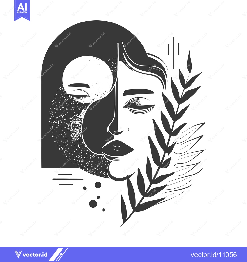 Premium Vector dari Abstract Black and White Portrait with Plant and Geometric Shapes