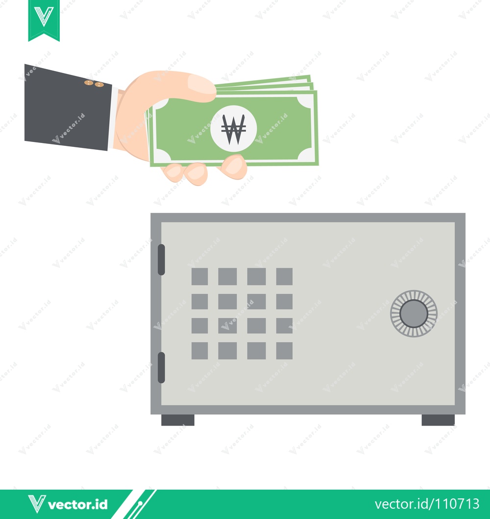 Premium Vector of Hand holding South Korean Won banknotes near a safe deposit box