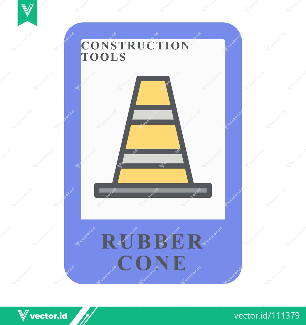 Premium Vector dari Illustration of a yellow rubber traffic cone with reflective stripes labeled Construction Tools and Rubber Cone