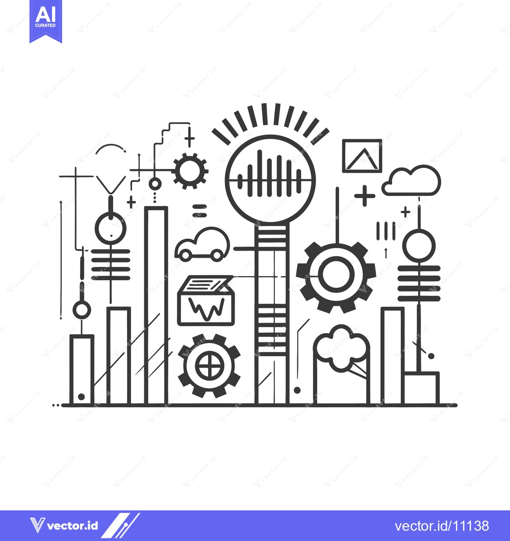 Premium Vector dari Abstract Cityscape with Gears, Bars, and Clouds