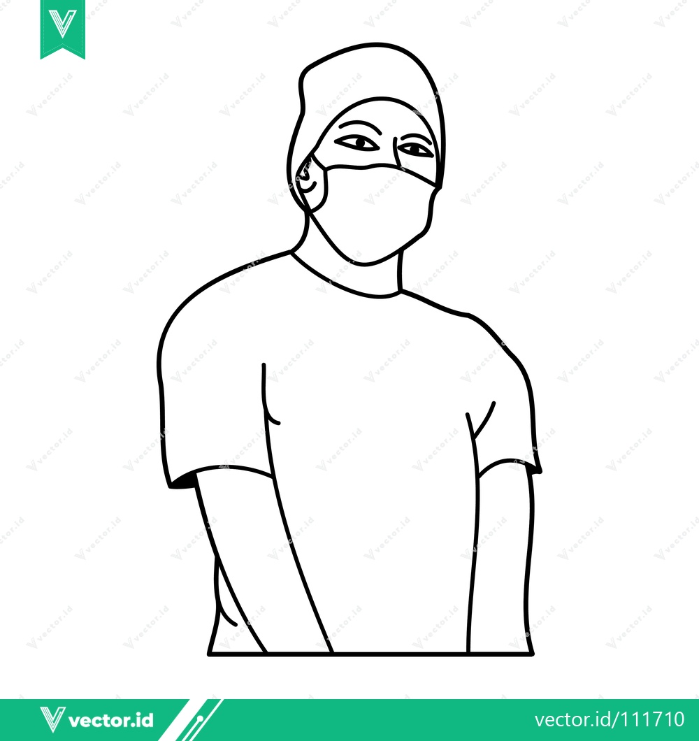 Premium Vector of Line Art Illustration of a Person Wearing a Surgical Mask and Beanie