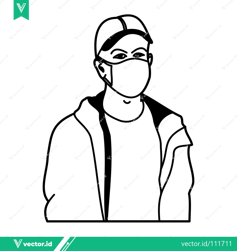 Premium Vector dari Person Wearing a Face Mask and Cap Minimalist Line Art