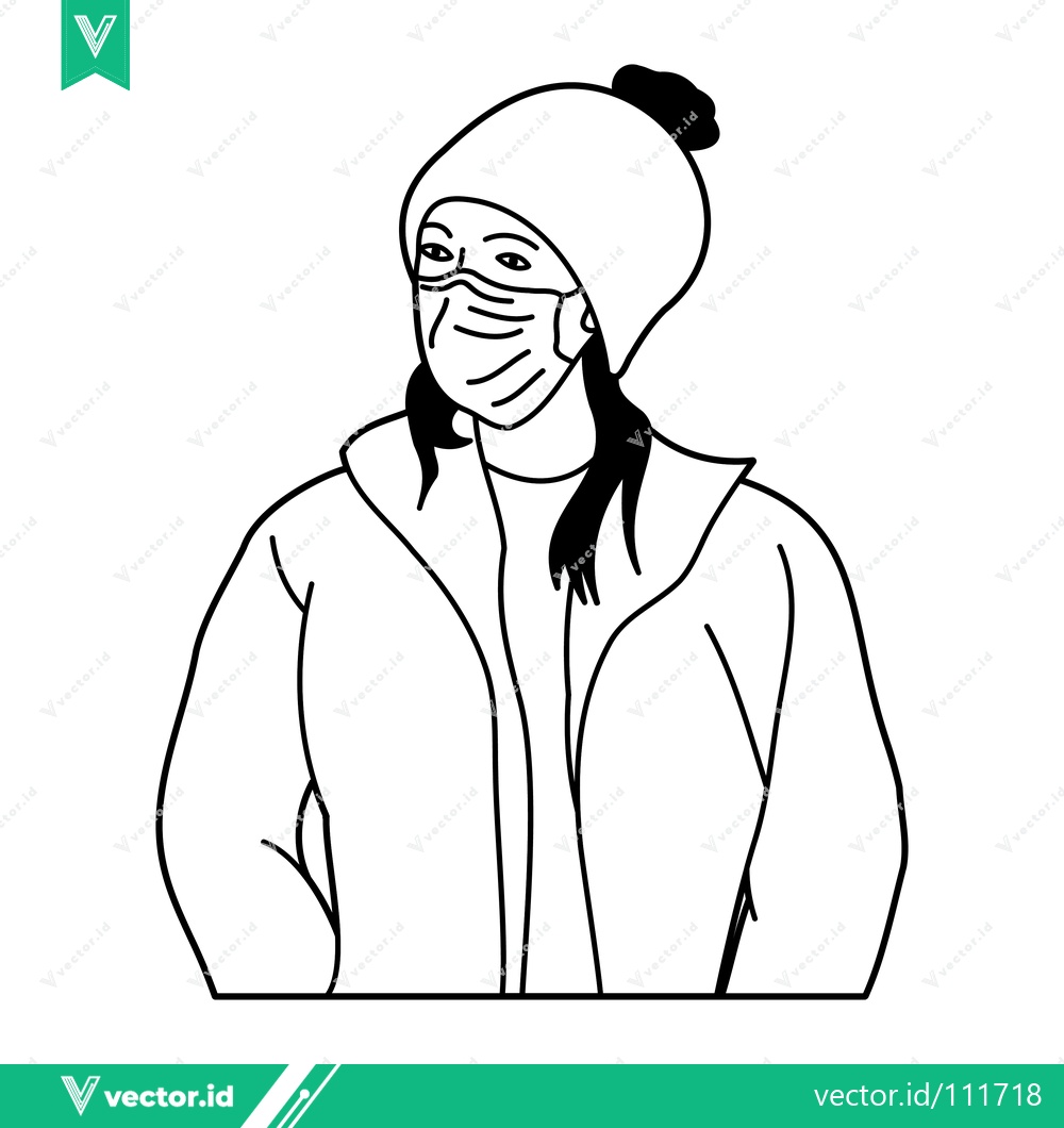 Premium Vector dari Line Art Illustration of a Person Wearing a Winter Hat and Face Mask