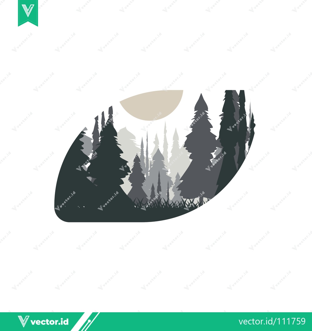 Premium Vector of Minimalist Evergreen Forest Landscape with Sun Silhouette