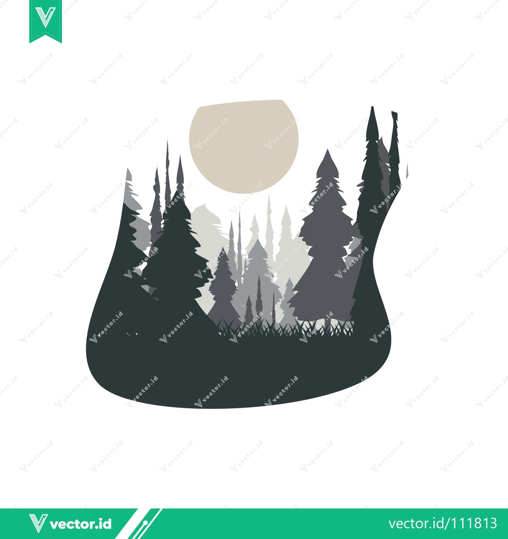 Premium Vector of Abstract Forest Silhouette with Moon and Grassland