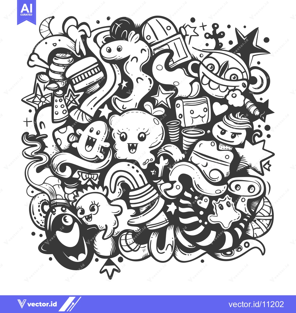 Premium Vector of Abstract Doodle Art with Cute Monsters, Stars, and Geometric Shapes